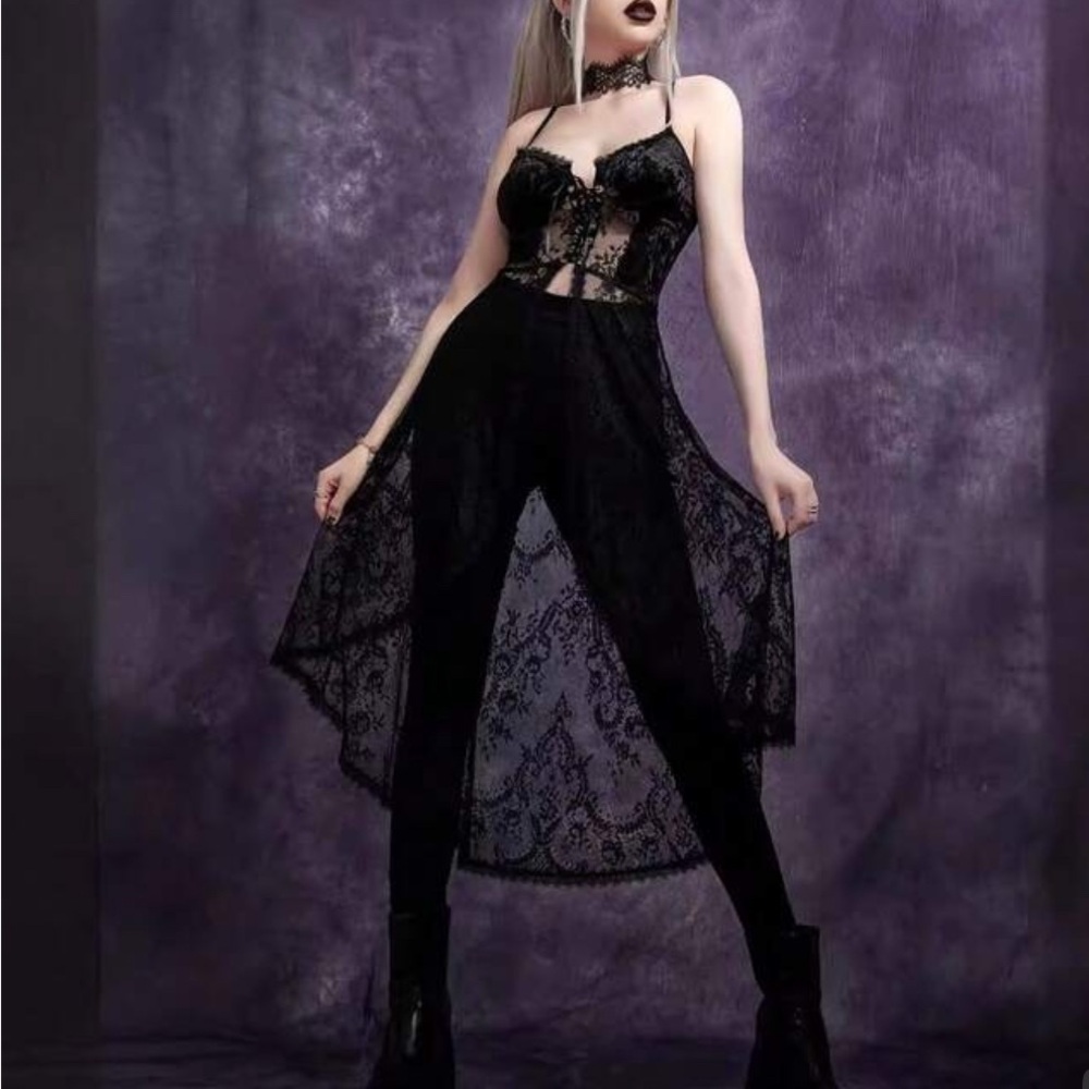 Witchy Goth ~ Black Lace Overlay, Open Front Camisole Corsete Style Top